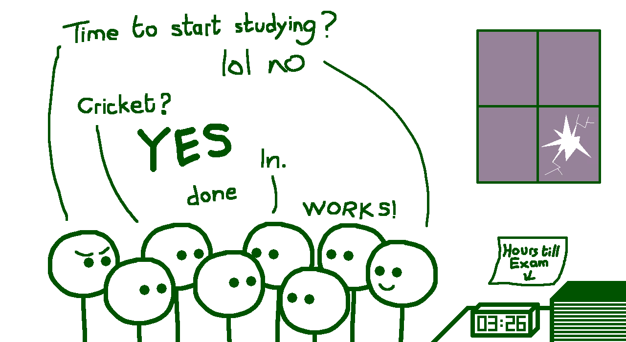 doodle of friends agreeing to play cricket before exams