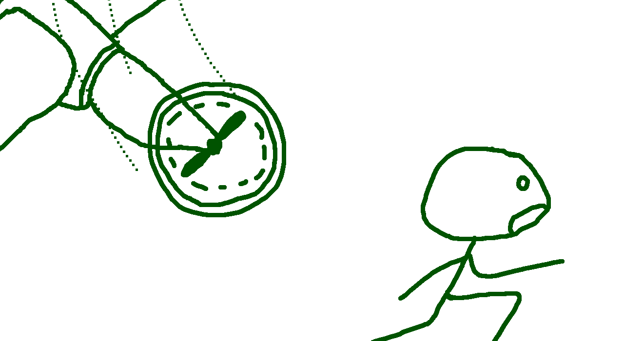 a doodle of a person running from a plane with clock hands as its propellers