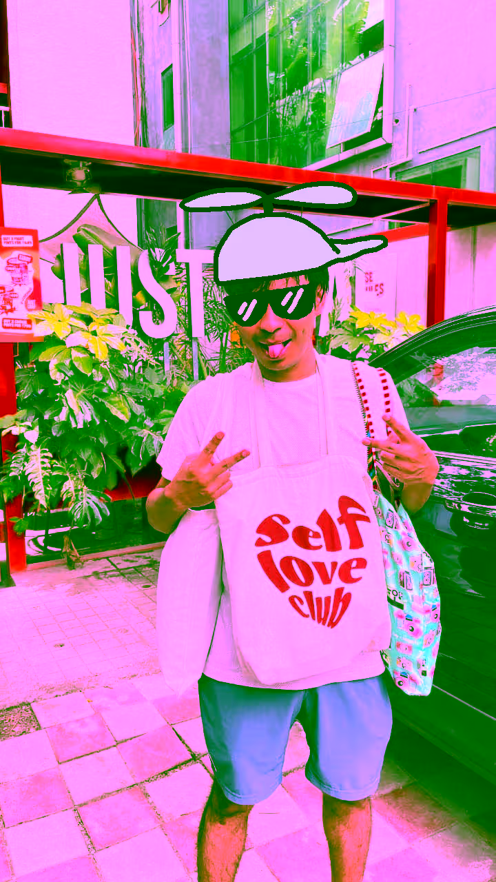 edited photo of a person wearing multiple tote bags
