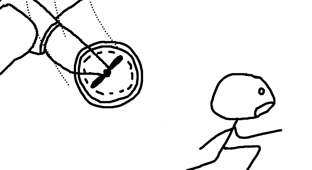 a doodle of a person running from a plane with clock hands as its propellers
