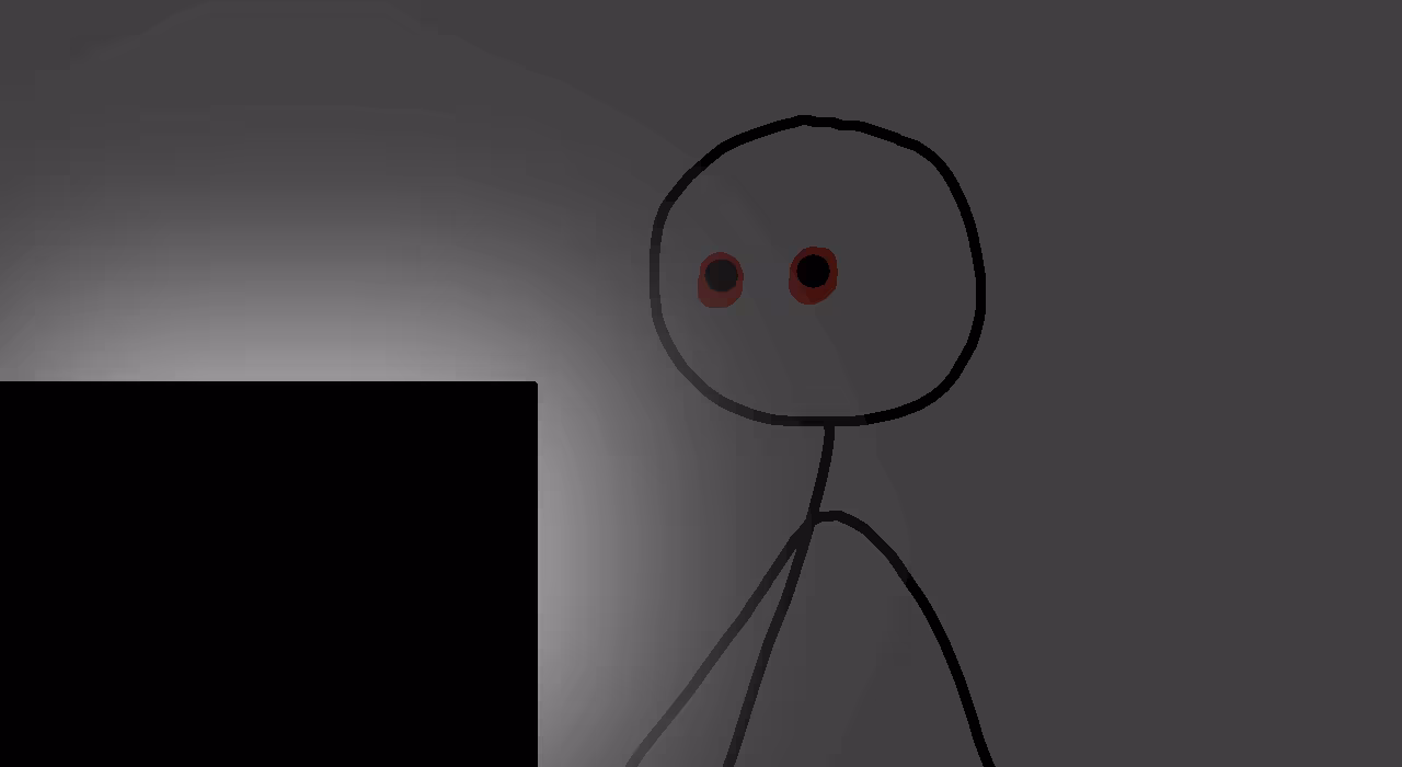 doodle of a person with red eyes in a dark room watching his glowing monitor