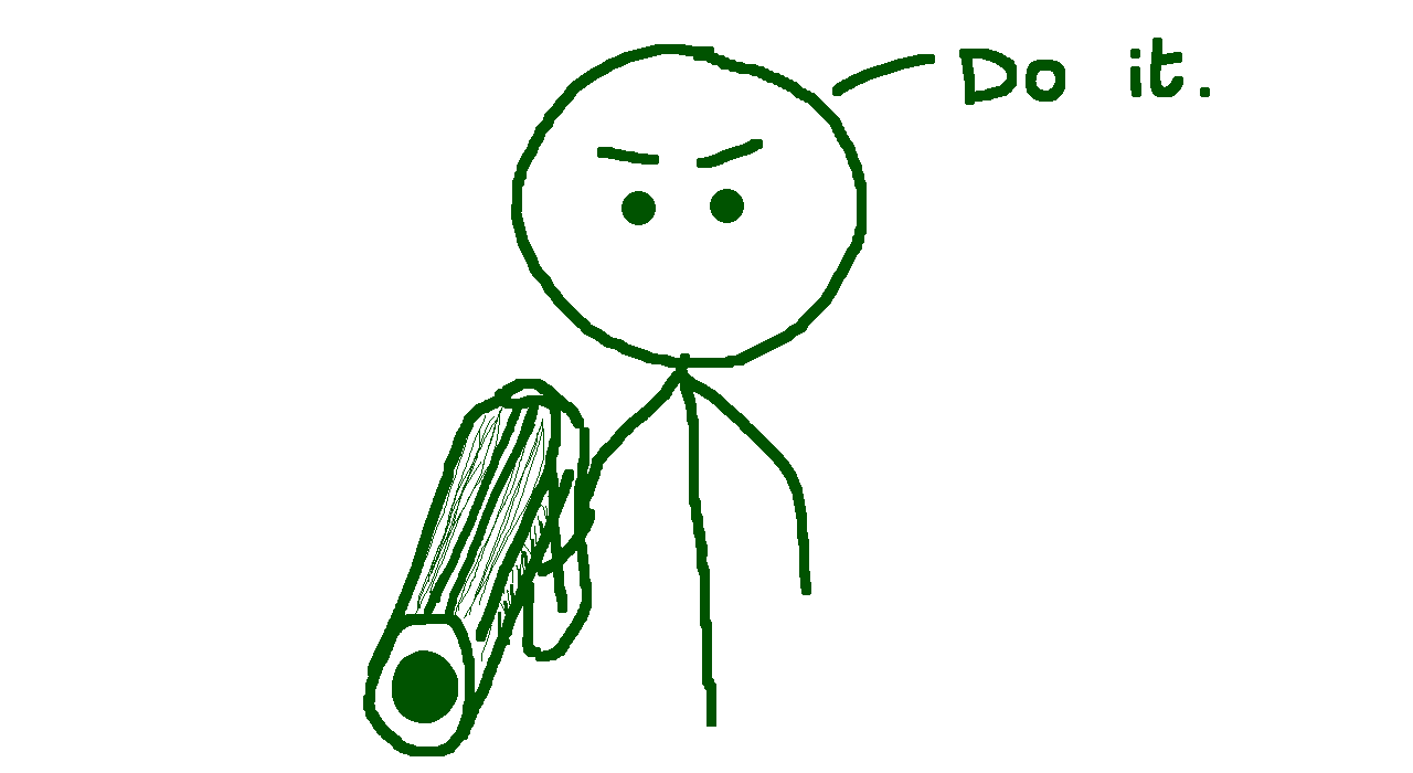 doodle of a person holding a gun and threatening someone by yelling at them to do it